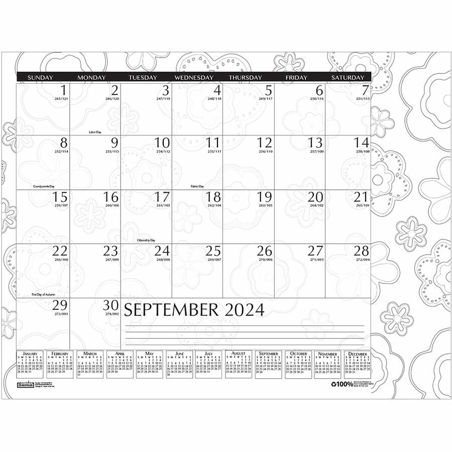 House of Doolittle Academic Doodle Monthly Desk Pad Calendar - Academic - Julian Dates - Monthly - 12 Month - August 2023 - July 2024 - 1 Month Single Page Layout - 22" x 17" Sheet Size - 2.38" x 1.88" Block - Desk Pad - Black/White - Paper - 17" Hei - 2