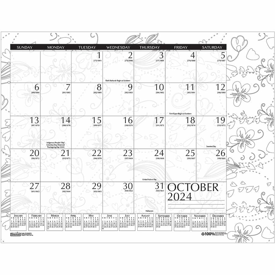 House of Doolittle Academic Doodle Monthly Desk Pad Calendar - Academic - Julian Dates - Monthly - 12 Month - August 2023 - July 2024 - 1 Month Single Page Layout - 22" x 17" Sheet Size - 2.38" x 1.88" Block - Desk Pad - Black/White - Paper - 17" Hei - 4