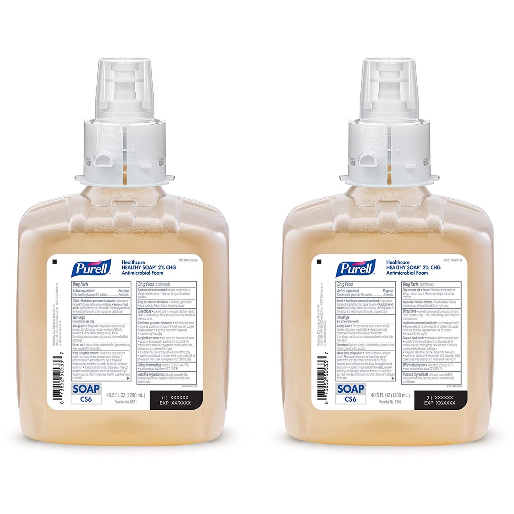 PURELL CS6 Healthcare HEALTHY SOAP 2% CHG Antimicrobial Foam - 42.3 fl oz (1250 mL) - Kill Germs, Bacteria Remover - Hand, Hospital, Healthcare, Skin - Moisturizing - Non-irritating, Dye-free, Fragrance-free, Hygienic, Rich Lather - 2 / Carton