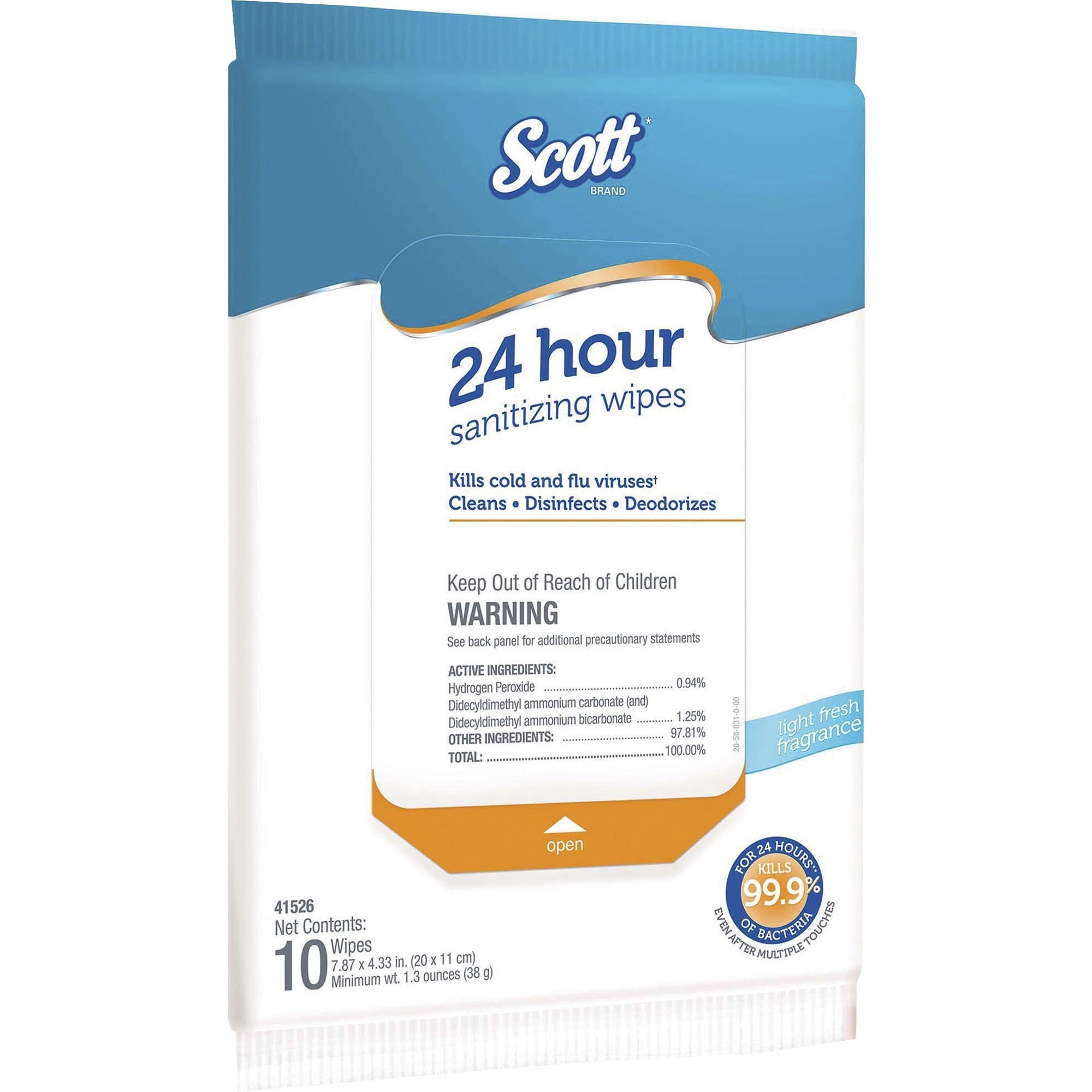 scott-24-hour-sanitizing-wipes-fresh-scent-787-length-x-433-width-10-softpack-50-carton-bleach-free-antibacterial-rinse-free-white_kcc41526 - 1