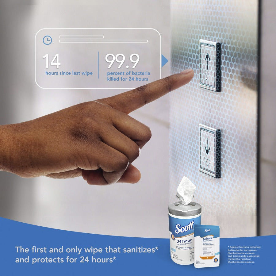 Scott 24 Hour Sanitizing Wipes - Fresh Scent - 7.87" Length x 4.33" Width - 10 / Softpack - 50 / Carton - Bleach-free, Antibacterial, Rinse-free - White