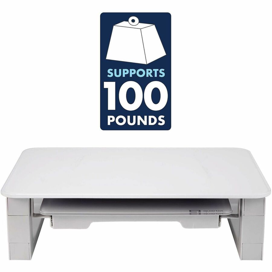 Adjustable Height Desktop Glass Monitor Riser with Dry-Erase Board, 14 x 10.25 x 2.5 to 5.25, White, Supports 100 lb