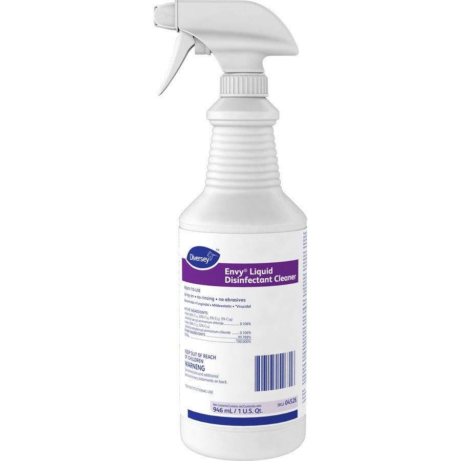 Diversey Envy Liquid Disinfectant Cleaner - Ready-To-Use - 32 fl oz (1 quart) - Lavender, Ammonia Scent - 1 Each - Color-free, Disinfectant, Virucidal, Bactericide, Fungicide, Mildewstatic, Rinse-free, Non-abrasive, Deodorize - Clear