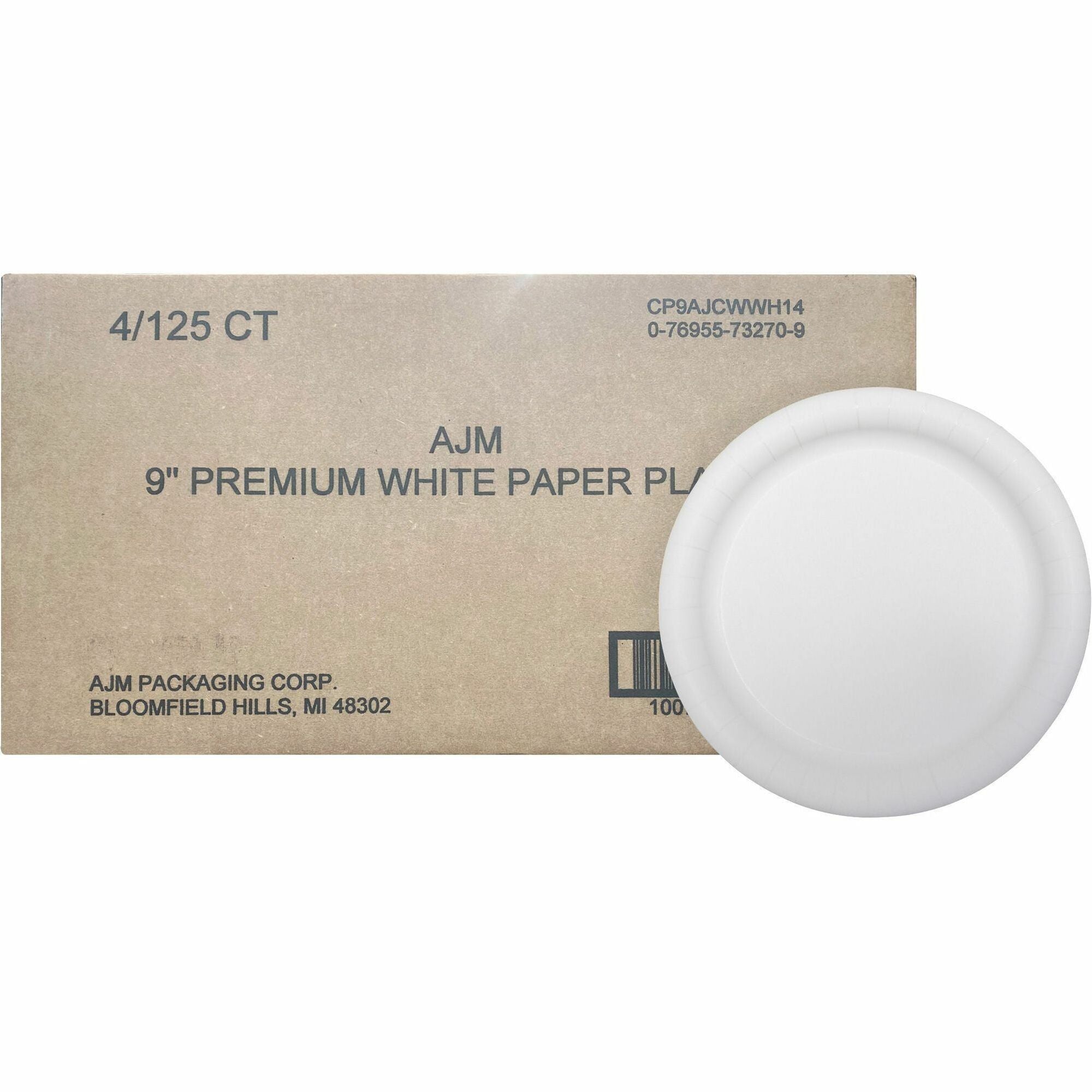 Premium Coated Paper Plates, 9" dia, White, 125/Pack, 4 Packs/Carton