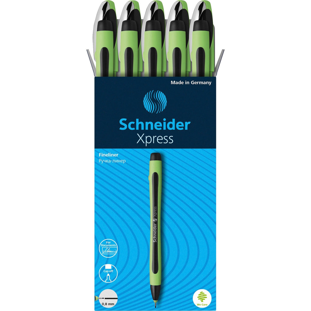 Xpress Fineliner Porous Point Pen, Stick, Medium 0.8 mm, Black Ink, Black/Green Barrel, 10/Box