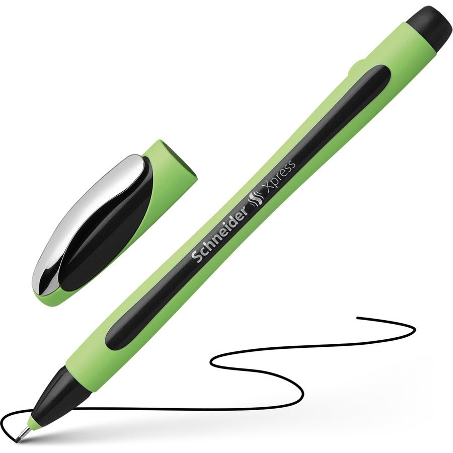 Xpress Fineliner Porous Point Pen, Stick, Medium 0.8 mm, Black Ink, Black/Green Barrel, 10/Box