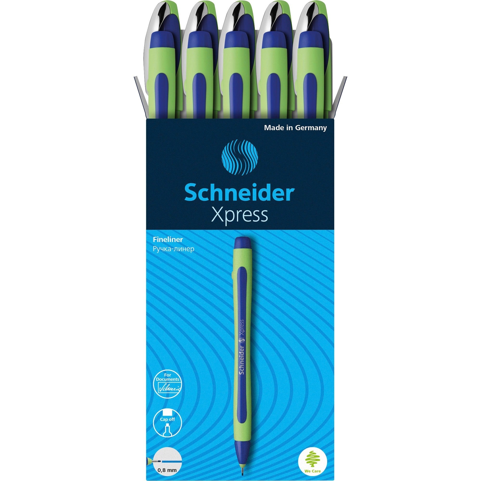 Xpress Fineliner Porous Point Pen, Stick, Medium 0.8 mm, Blue Ink, Blue/Green Barrel, 10/Box