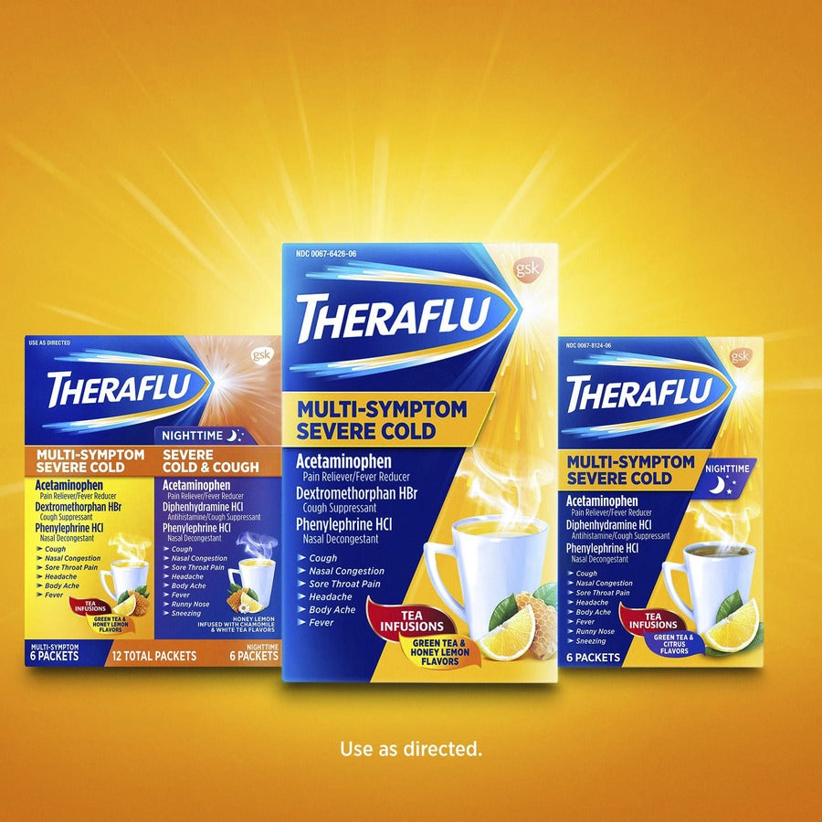 Theraflu Multi-Symptom Severe Cold & Cough Medicine - For Cold, Flu, Nasal Congestion, Cough, Body Ache, Sore Throat, Sinus Pain, Headache, Fever - Honey Lemon - 1 Each - 6 Per Box - 3