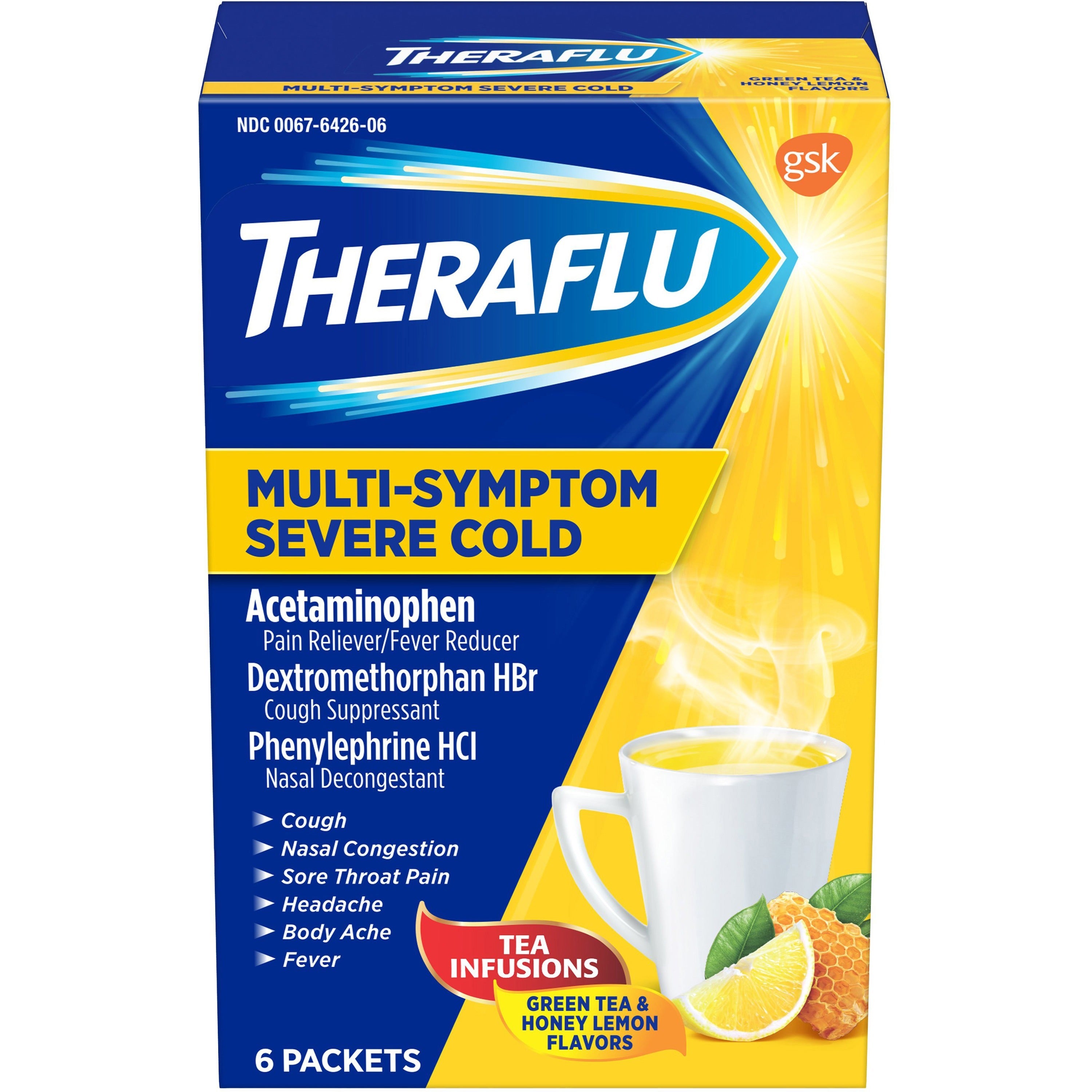 Theraflu Multi-Symptom Severe Cold & Cough Medicine - For Cold, Flu, Nasal Congestion, Cough, Body Ache, Sore Throat, Sinus Pain, Headache, Fever - Honey Lemon - 1 Each - 6 Per Box - 1