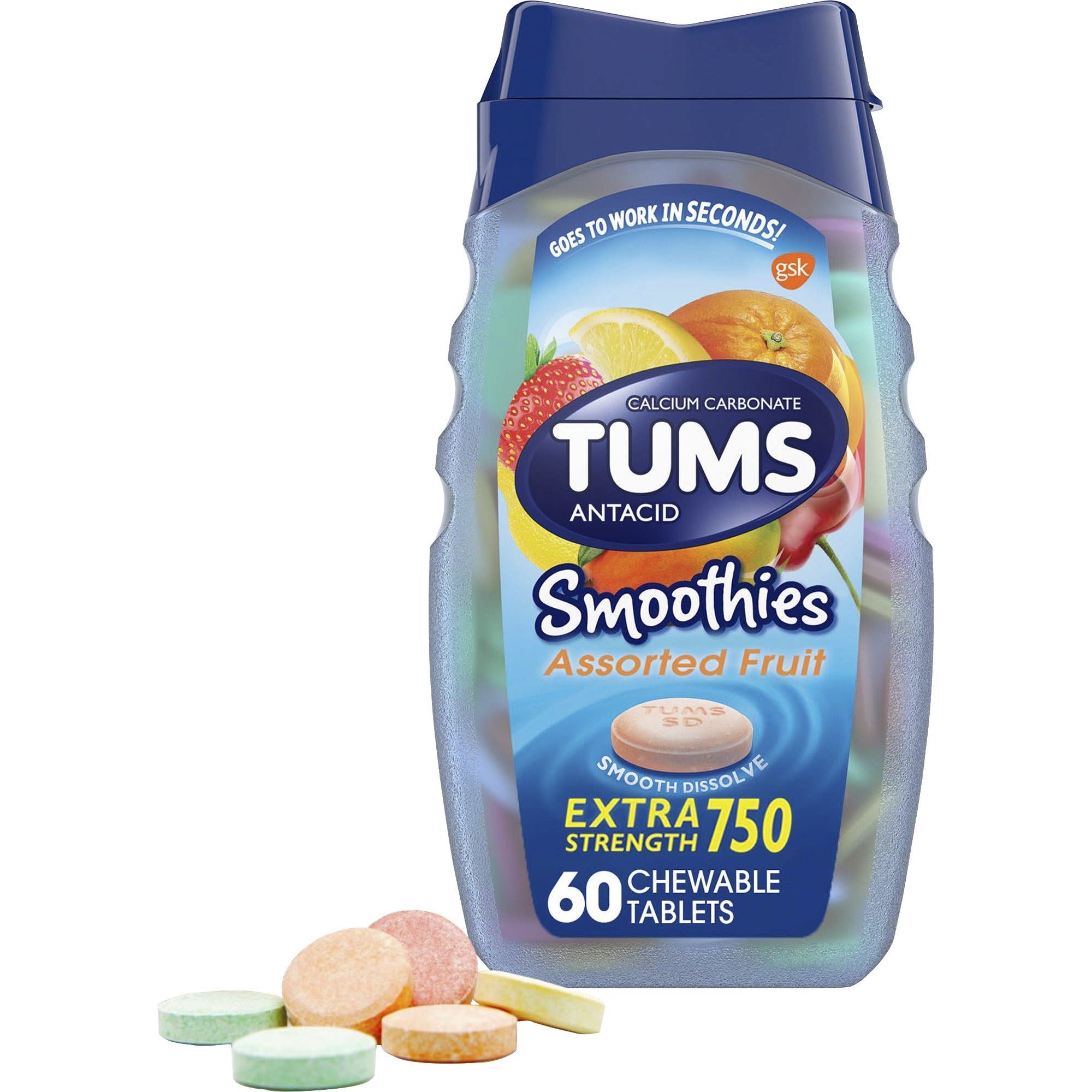 TUMS Smoothies Extra Strength Antacid Chewable Tablet - For Acid Indigestion, Heartburn, Sour Stomach, Upset Stomach - Assorted Fruit - 1 EachBottle - 1