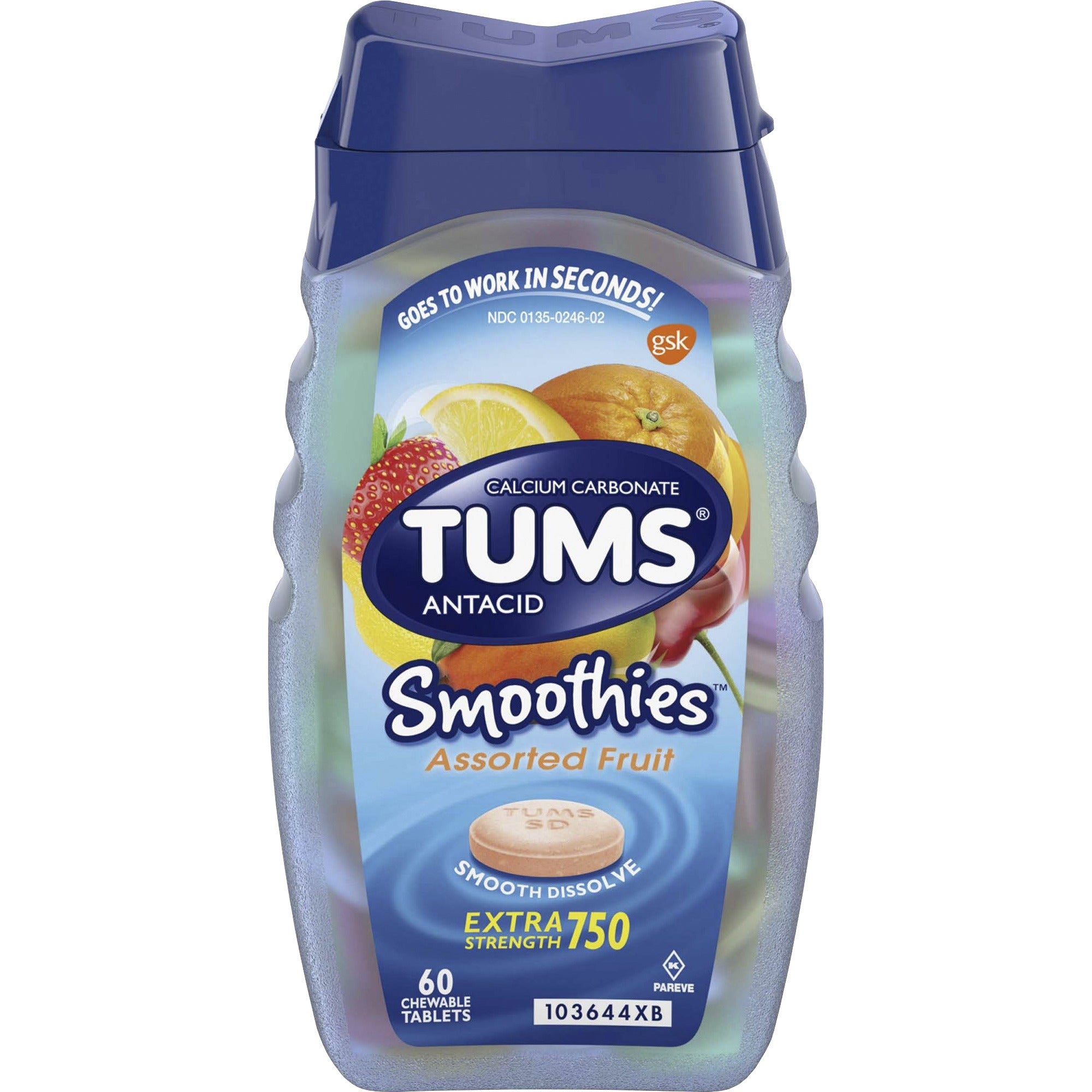 TUMS Smoothies Extra Strength Antacid Chewable Tablet - For Acid Indigestion, Heartburn, Sour Stomach, Upset Stomach - Assorted Fruit - 1 EachBottle - 2
