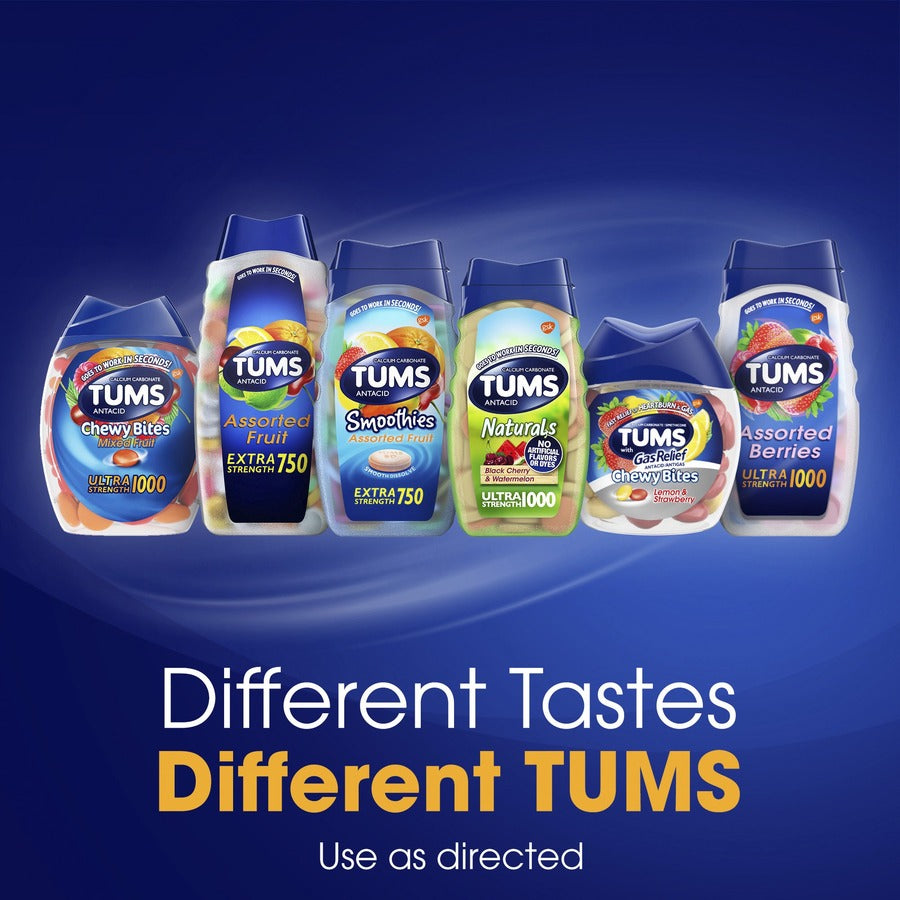 TUMS Smoothies Extra Strength Antacid Chewable Tablet - For Acid Indigestion, Heartburn, Sour Stomach, Upset Stomach - Assorted Fruit - 1 EachBottle