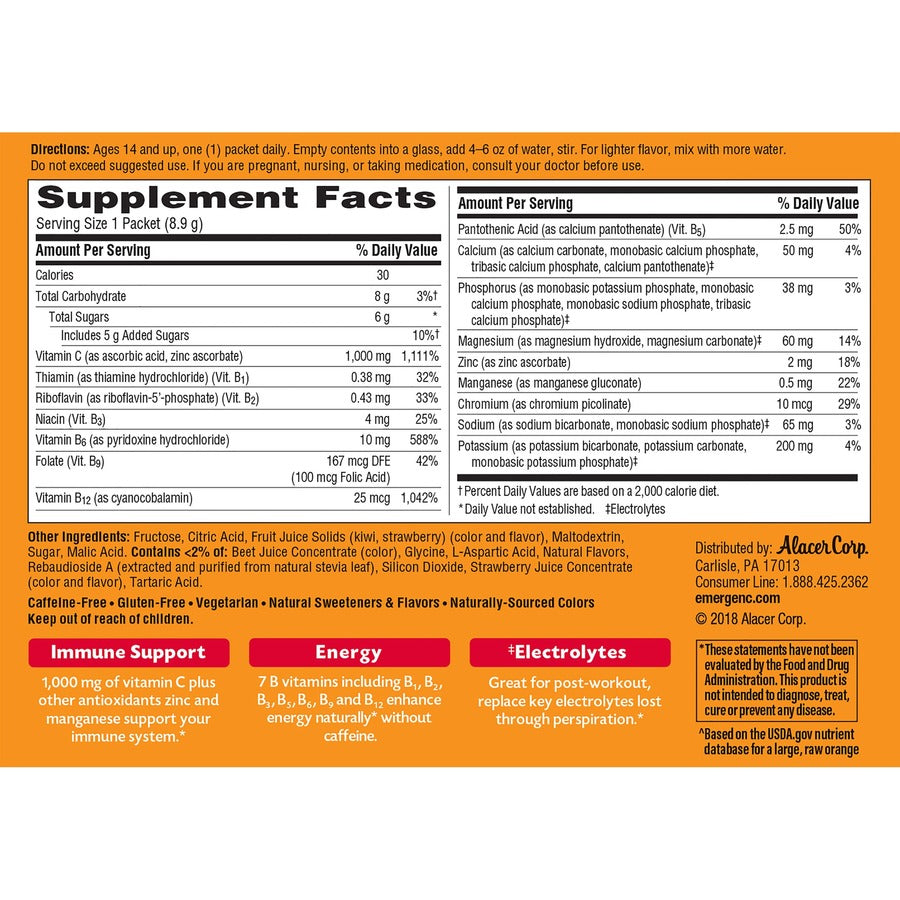 Emergen-C Strawberry-Kiwi Vitamin C Drink Mix - For Immune Support - Strawberry Kiwi - 1 Each - 30 Per Box