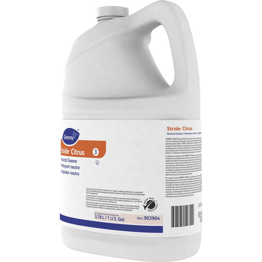 Diversey Stride Citrus Neutral Cleaner - Concentrate - 128 fl oz (4 quart) - Citrus Scent - 4 / Carton - pH Neutral, Non Alkaline, Low Foaming, Rinse-free, Film-free, Kosher - Orange