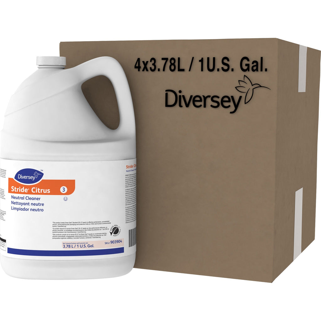 Diversey Stride Citrus Neutral Cleaner - Concentrate - 128 fl oz (4 quart) - Citrus Scent - 4 / Carton - pH Neutral, Non Alkaline, Low Foaming, Rinse-free, Film-free, Kosher - Orange