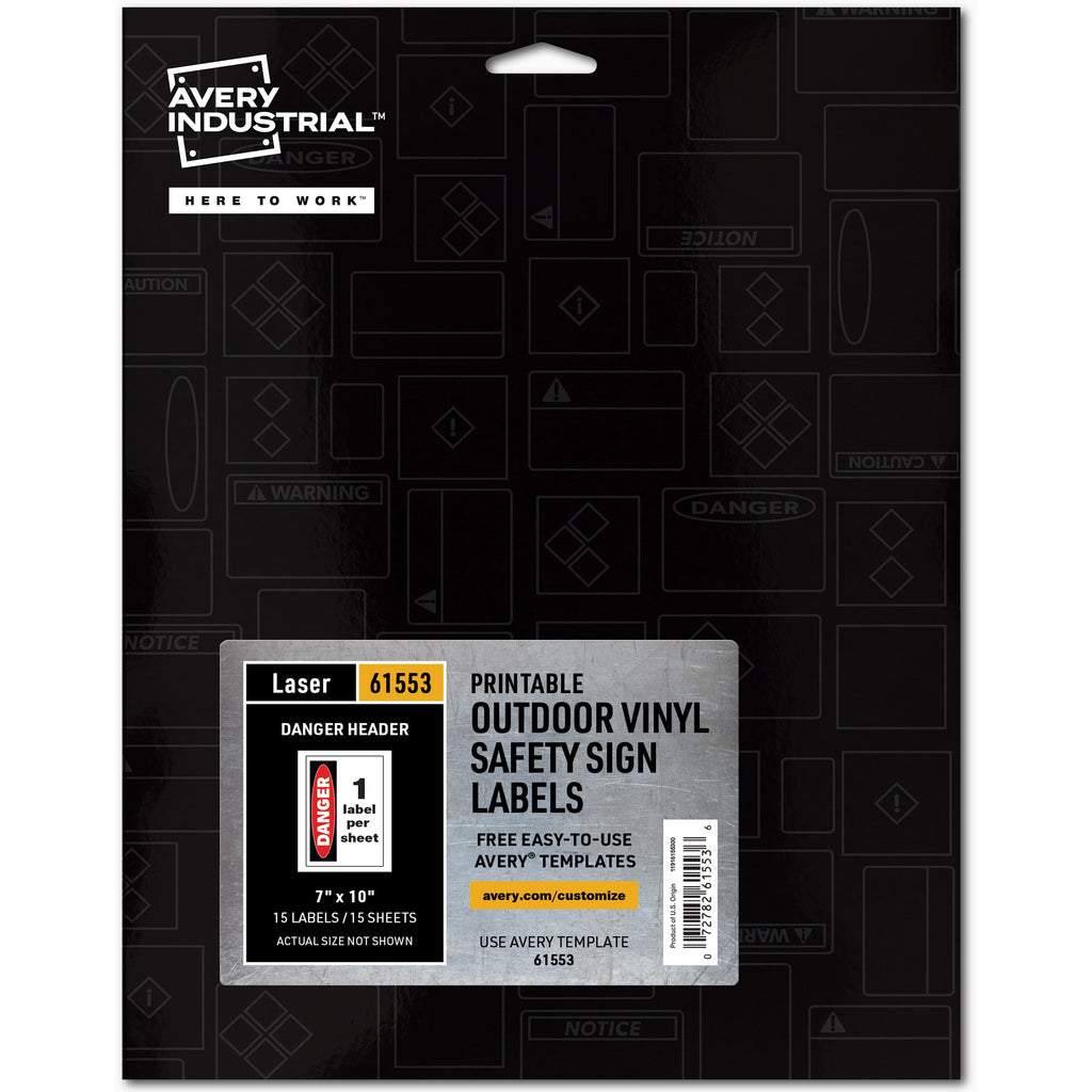 Avery Danger Header Printable Outdoor Vinyl Signs - Waterproof - "DANGER" - 7" Width x 10" Length - Permanent Adhesive - Rectangle - Laser - White - Vinyl - 1 / Sheet - 15 Total Sheets - 15 Total Label(s) - 15 Label - Print-to-the Edge, Permanen