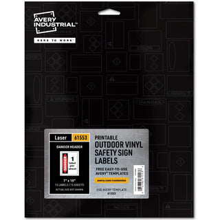 Avery Danger Header Printable Outdoor Vinyl Signs - Waterproof - "DANGER" - 7" Width x 10" Length - Permanent Adhesive - Rectangle - Laser - White - Vinyl - 1 / Sheet - 15 Total Sheets - 15 Total Label(s) - 15 Label - Print-to-the Edge, Permanen