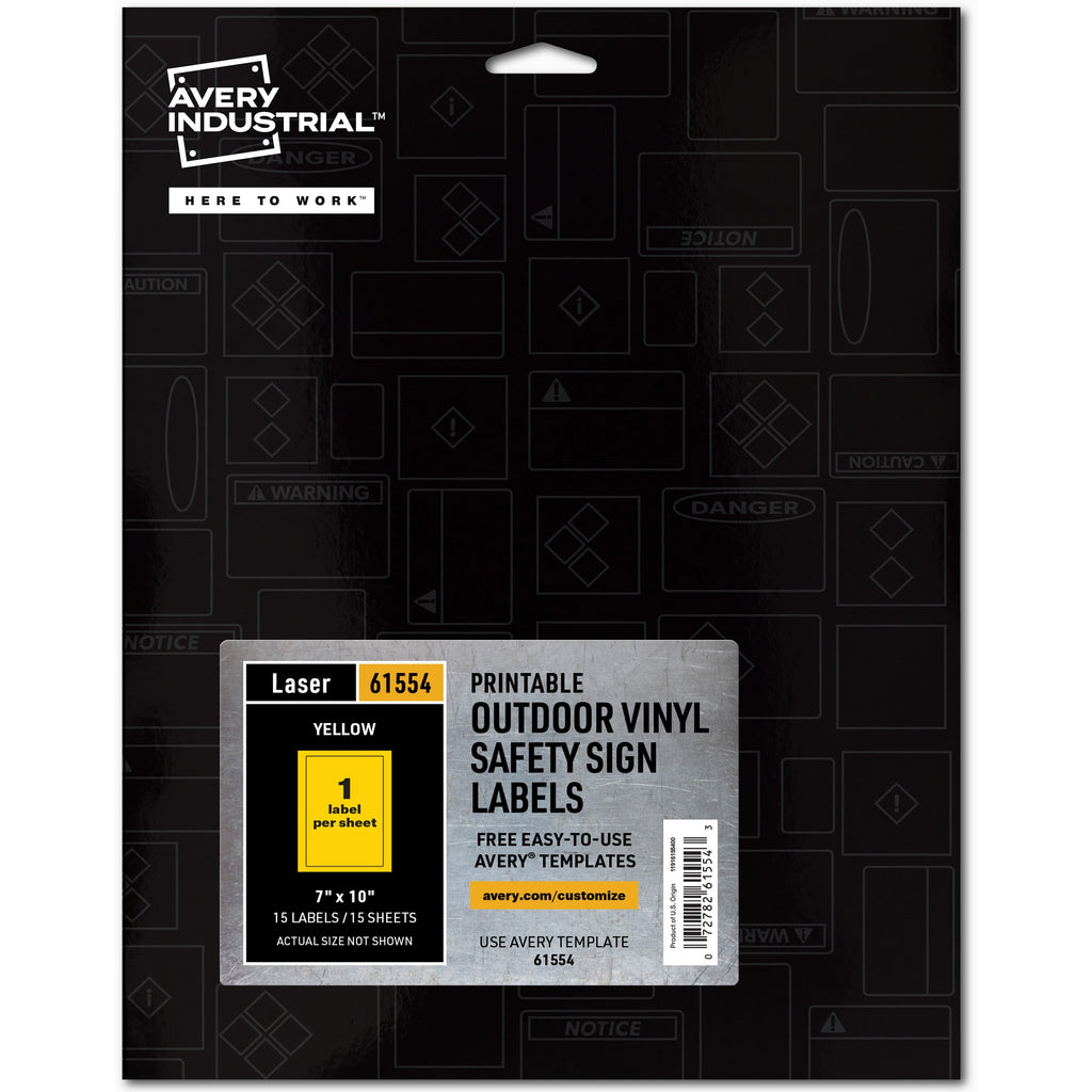 Avery Adhesive Printable Vinyl Signs - Waterproof - 5" Width x 7" Length - Permanent Adhesive - Rectangle - Laser - Yellow - Vinyl - 1 / Sheet - 15 Total Sheets - 15 Total Label(s) - 15 Label - Print-to-the Edge, Permanent Adhesive, Customizable