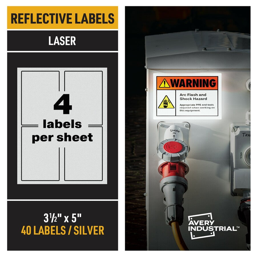 Avery Reflective Sign Labels - 3 1/2" Width x 5" Length - Permanent Adhesive - Rectangle - Laser - Silver - Film - 4 / Sheet - 10 Total Sheets - 40 Total Label(s) - 40 Label - Water Resistant