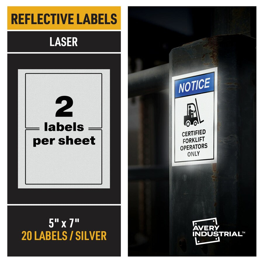 Avery Reflective Sign Labels - 5" Width x 7" Length - Permanent Adhesive - Rectangle - Laser - Silver - Film - 2 / Sheet - 10 Total Sheets - 20 Total Label(s) - 20 Label - Water Resistant