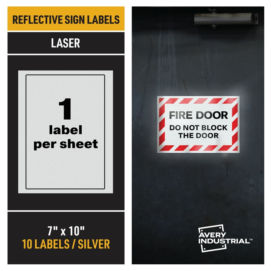 Avery Reflective Sign Labels - 7" Width x 10" Length - Permanent Adhesive - Rectangle - Laser - Silver - Film - 1 / Sheet - 10 Total Sheets - 10 Total Label(s) - 10 Label - Water Resistant