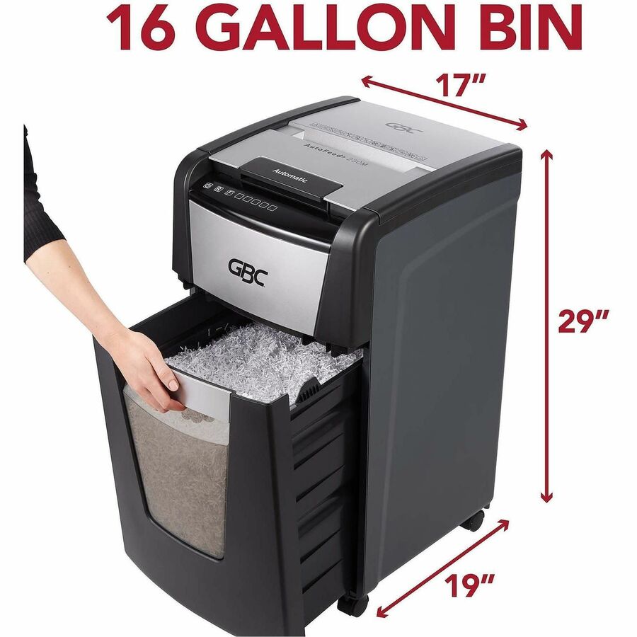 GBC AutoFeed+ Small Office Shredder, 230X, Super Cross-Cut, 230 Sheets - Continuous Shredder - Super Cross Cut - 10 Per Pass - for shredding Credit Card, Paper Clip, Staples, Paper - P-4 - 30 Minute Run Time - 16 gal Wastebin Capacity - Black