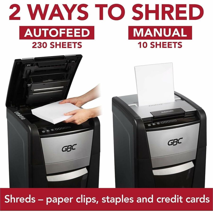 GBC AutoFeed+ Small Office Shredder, 230X, Super Cross-Cut, 230 Sheets - Continuous Shredder - Super Cross Cut - 10 Per Pass - for shredding Credit Card, Paper Clip, Staples, Paper - P-4 - 30 Minute Run Time - 16 gal Wastebin Capacity - Black