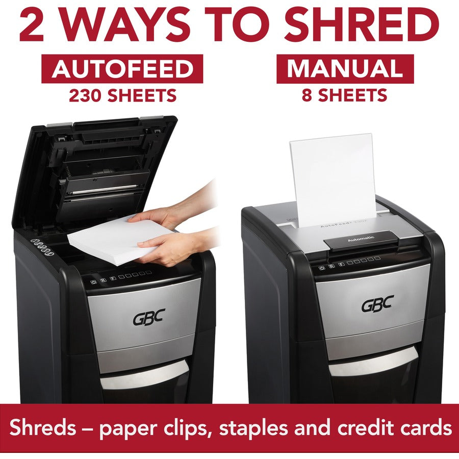 GBC AutoFeed+ Small Office Shredder, 230M, Micro-Cut, 230 Sheets - Continuous Shredder - Micro Cut - 8 Per Pass - for shredding Credit Card, Paper Clip, Staples, Paper - P-5 - 30 Minute Run Time - 16 gal Wastebin Capacity - Black