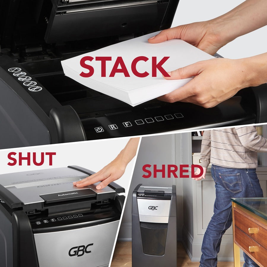 GBC AutoFeed+ Small Office Shredder, 230M, Micro-Cut, 230 Sheets - Continuous Shredder - Micro Cut - 8 Per Pass - for shredding Credit Card, Paper Clip, Staples, Paper - P-5 - 30 Minute Run Time - 16 gal Wastebin Capacity - Black