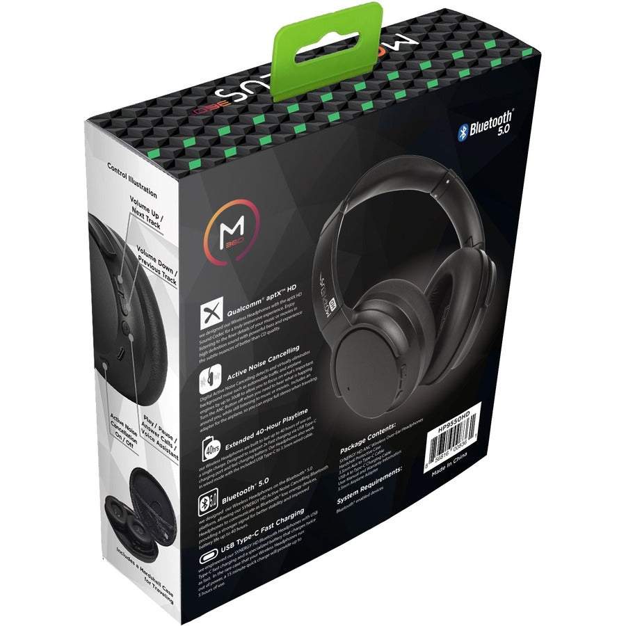 SYNERGY HD Wireless Noise Cancelling Headphones Bluetooth Headset with Microphone, 4 ft Cord, Black