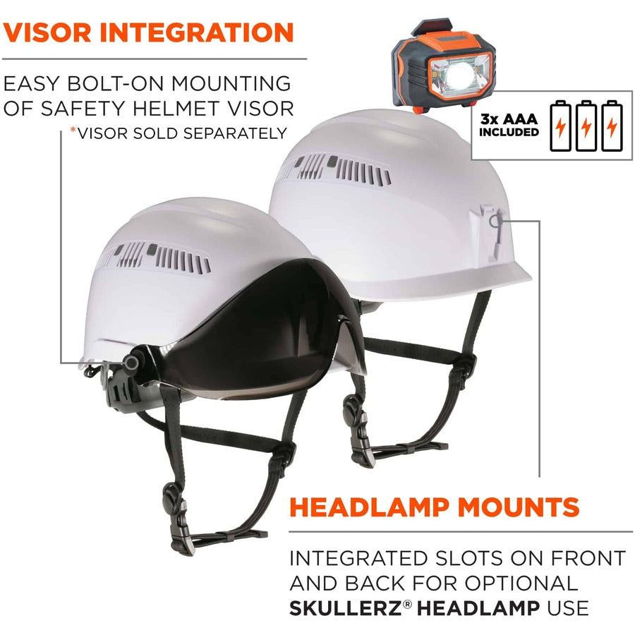 Skullerz 8975LED Class C Safety Helmet w/8981 Universal LED Headlamp, 6-Pt Ratchet Susp, White, Ships in 1-3 Business Days