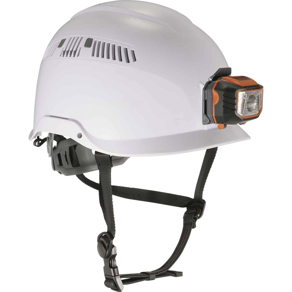 Skullerz 8975LED Class C Safety Helmet w/8981 Universal LED Headlamp, 6-Pt Ratchet Susp, White, Ships in 1-3 Business Days