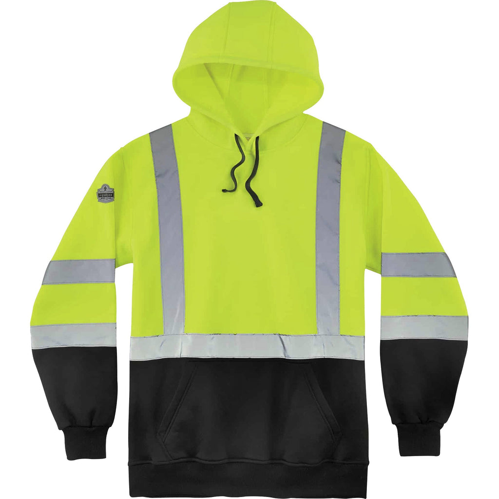 GloWear 8373 Hi-Vis Class 3 Hooded with Sweatshirt Black Bottom, Polar Fleece, Lime, Medium, Ships in 1-3 Business Days