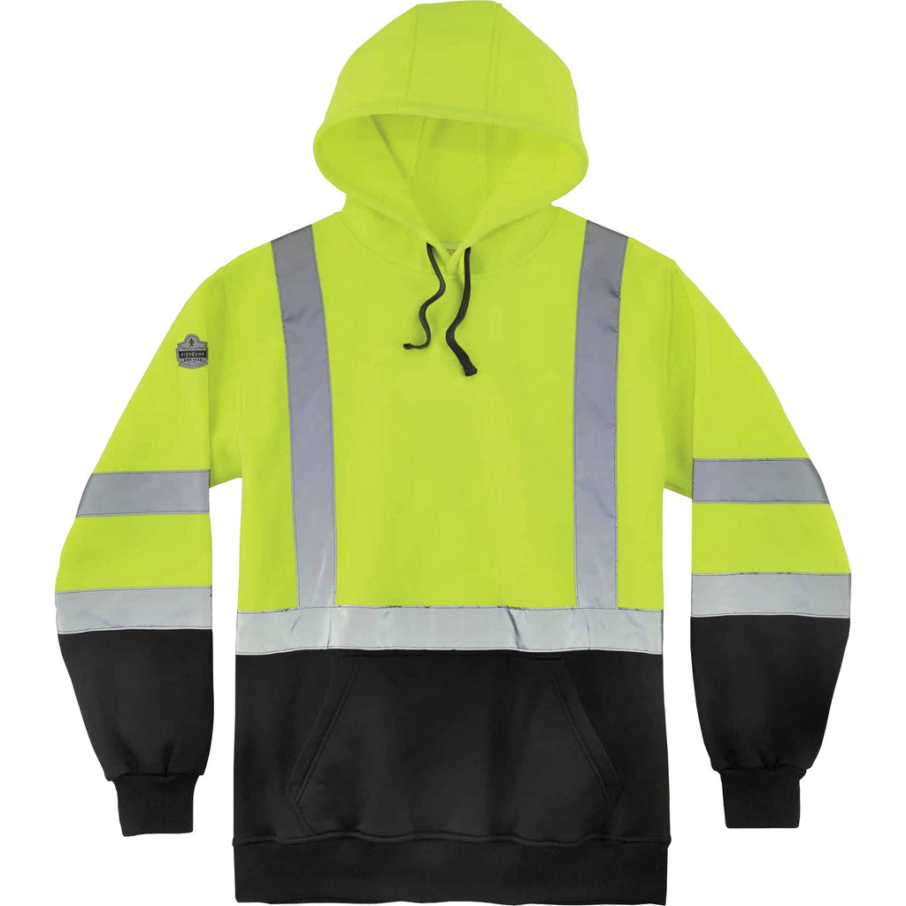 GloWear 8373 Hi-Vis Class 3 Hooded with Sweatshirt Black Bottom, Polar Fleece, Lime, Medium, Ships in 1-3 Business Days