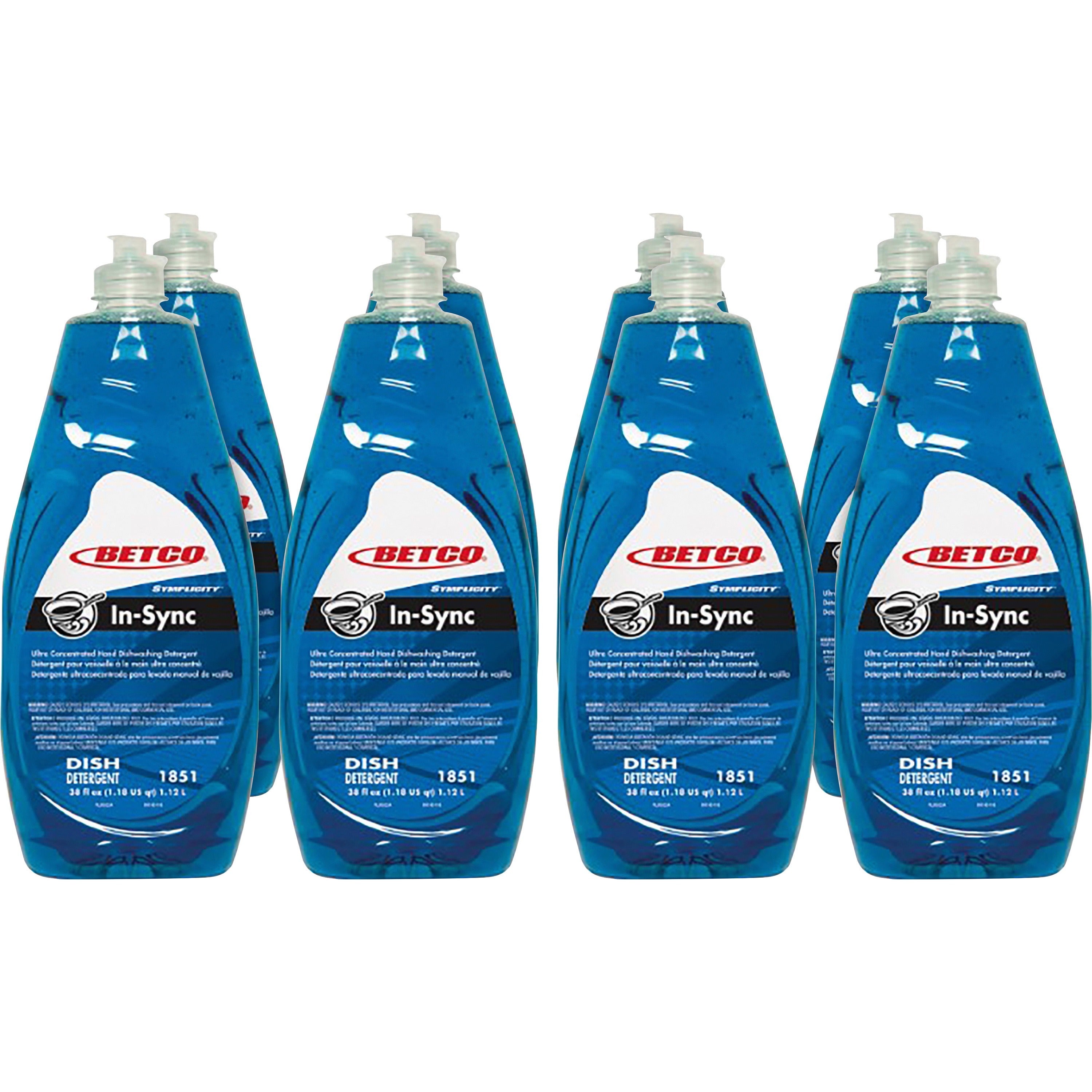 Betco Simplicity In-Sync Dishwashing Liquid - Concentrate - 38 fl oz (1.2 quart) - Fresh Ozonic ScentBottle - 8 / Carton - Film-free, Rinse-free, Streak-free, Phosphate-free - Blue - 1