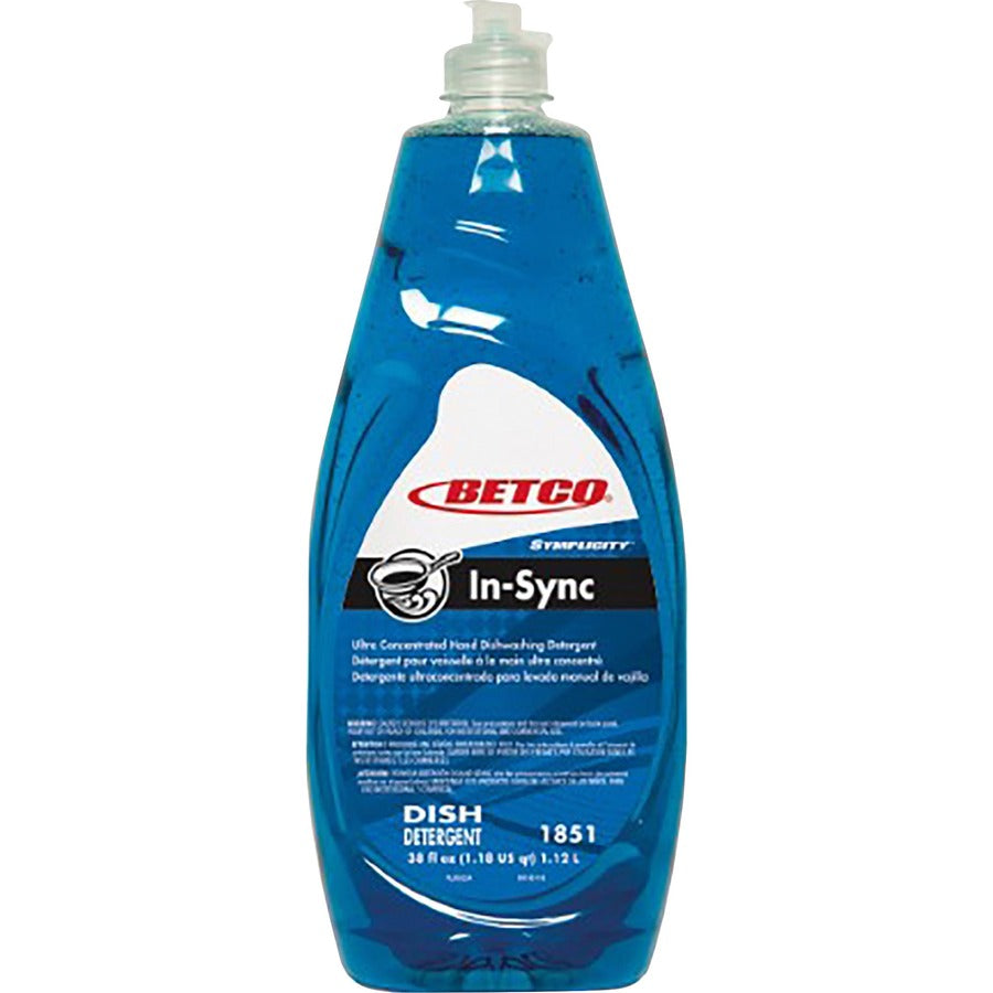 Betco Simplicity In-Sync Dishwashing Liquid - Concentrate - 38 fl oz (1.2 quart) - Fresh Ozonic ScentBottle - 8 / Carton - Film-free, Rinse-free, Streak-free, Phosphate-free - Blue - 2