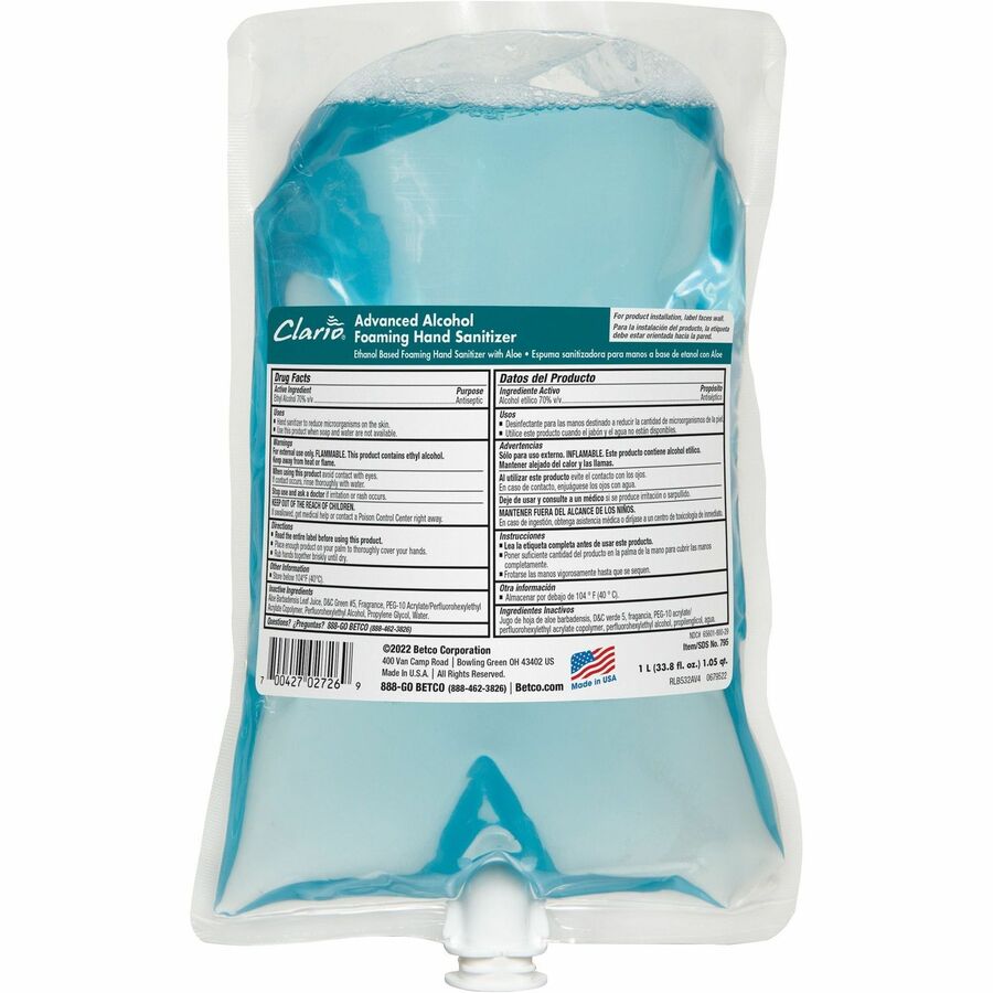 Betco Advanced Hand Sanitizer Foam Refill - Citrus Scent - 33.8 fl oz (1000 mL) - Kill Germs - Hand - Moisturizing - Light Blue - Residue-free, Anti-irritant, Non-drying, Non-sticky - 6 / Carton