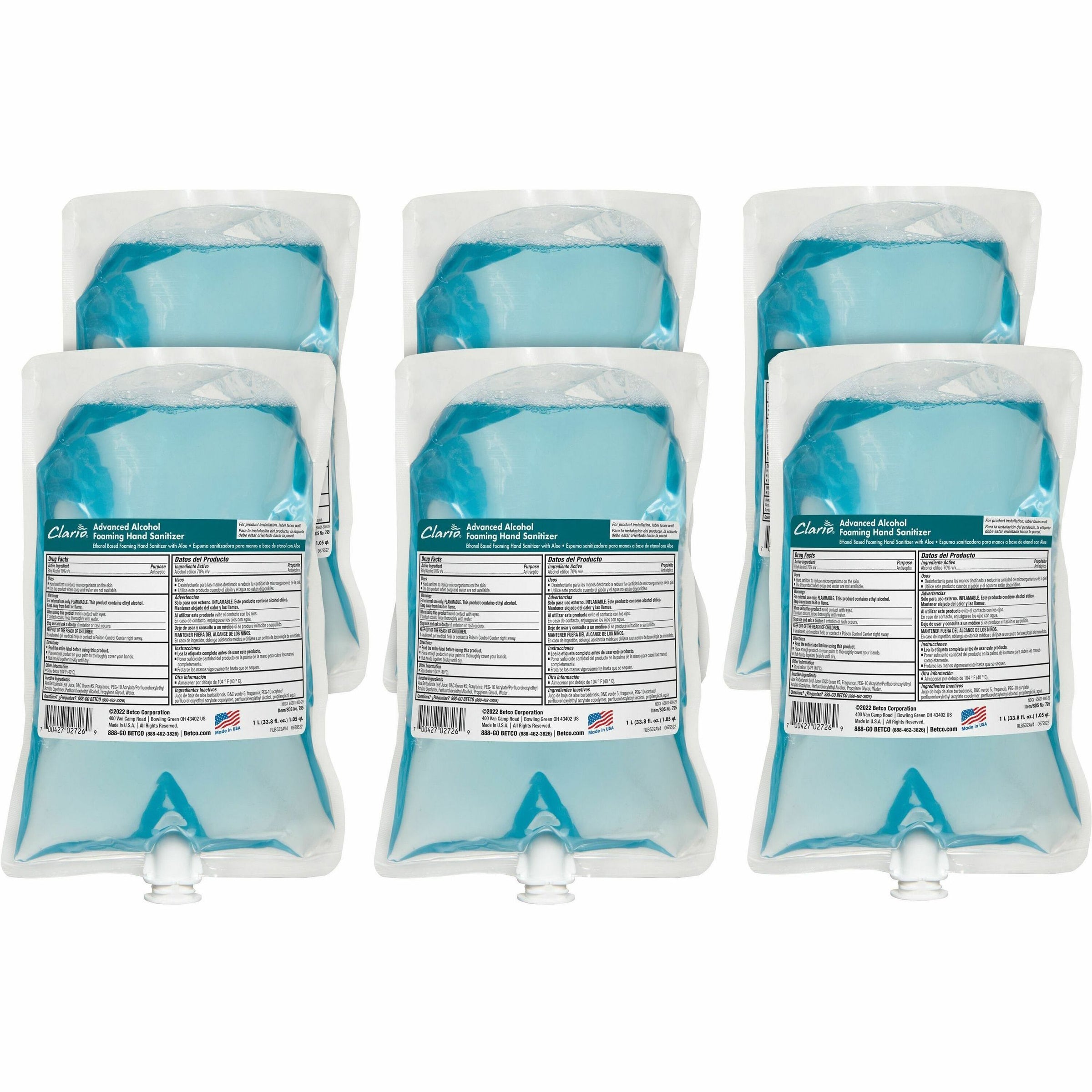 Betco Advanced Hand Sanitizer Foam Refill - Citrus Scent - 33.8 fl oz (1000 mL) - Kill Germs - Hand - Moisturizing - Light Blue - Residue-free, Anti-irritant, Non-drying, Non-sticky - 6 / Carton