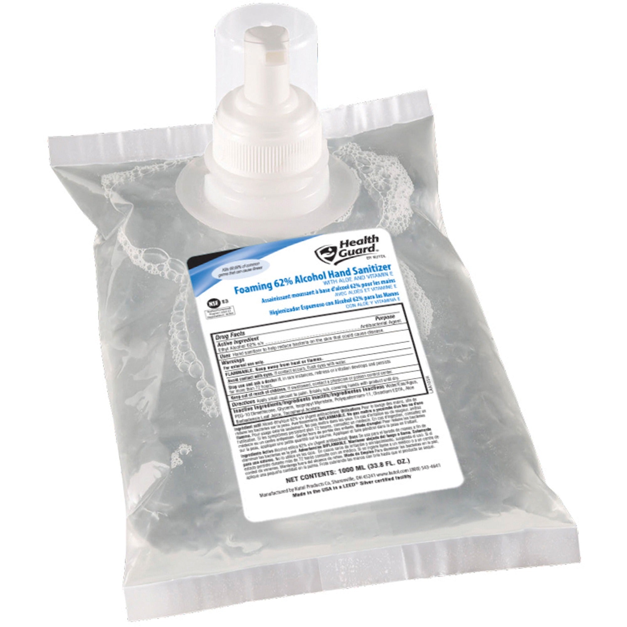 Health Guard Hand Sanitizer Foam - Alcohol Scent - 33.8 fl oz (1000 mL) - Kill Germs - Multipurpose, Hand - Moisturizing - Clear - Fast Acting, Dye-free, Fragrance-free, No Rinse - 6 / Carton