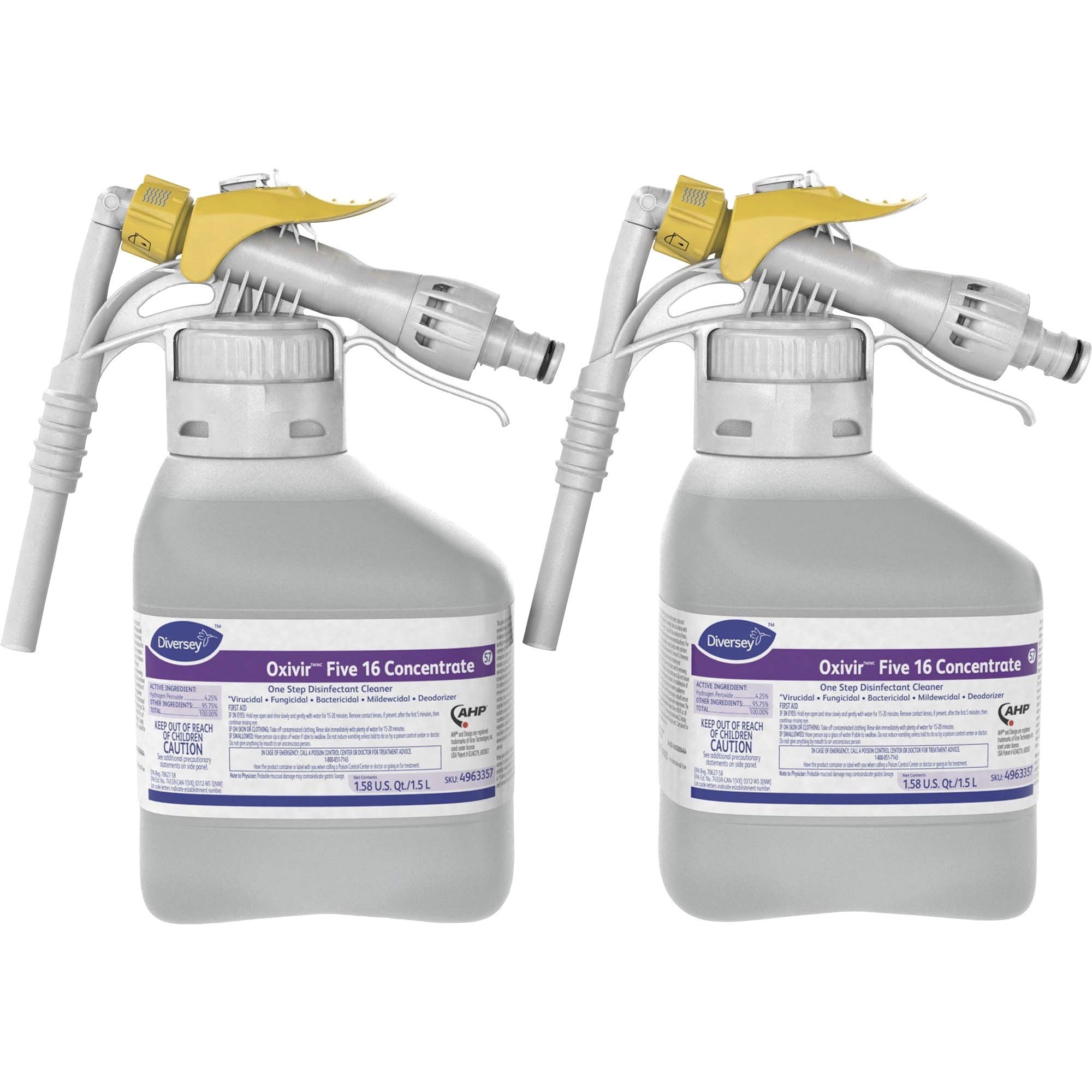 Diversey Oxivir Five 16 Concentrate Cleaner - Ready-To-Use/Concentrate - 50.7 fl oz (1.6 quart) - Characteristic Scent - 2 / Box - Fast Acting, VOC-free, NPE-free, Virucidal, Bactericide, Fungicide, Fragrance-free - Clear