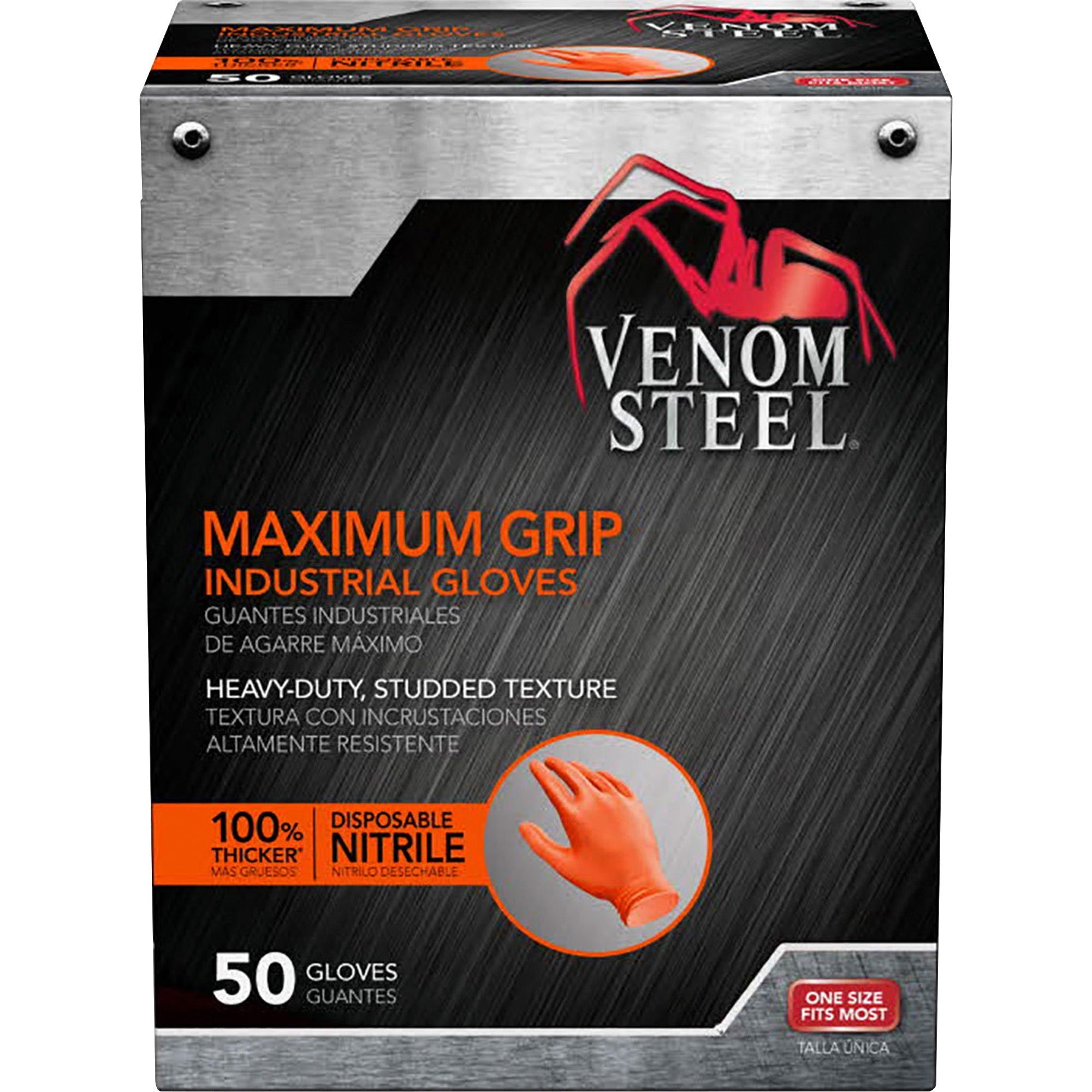 Venom Maximum Grip Nitrile Gloves - Chemical Protection - Universal Size - Diamond Textured - Orange - Embossed, Non-slip Grip, Chemical Resistant, Rip Resistant, Puncture Resistant, Tear Resistant - For Painting, Chemical, Cleaning, Soap - 1 Each -