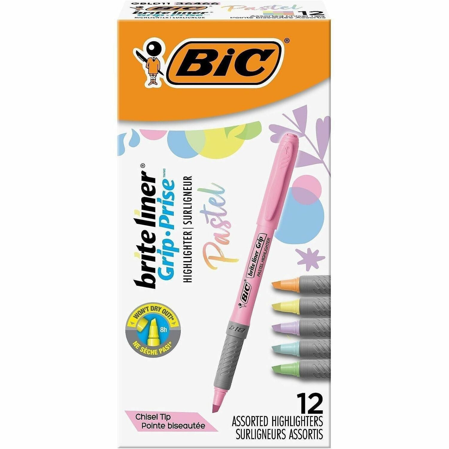 BIC Brite Liner Grip Highlighters, Assorted, 12 Pack - 1.6 mm Marker Point Size - Chisel Marker Point Style - Assorted, Pastel Yellow, Pastel Pink, Pastel Blue, Pastel Green, Pastel Purple, Pastel Orange - 12 Pack
