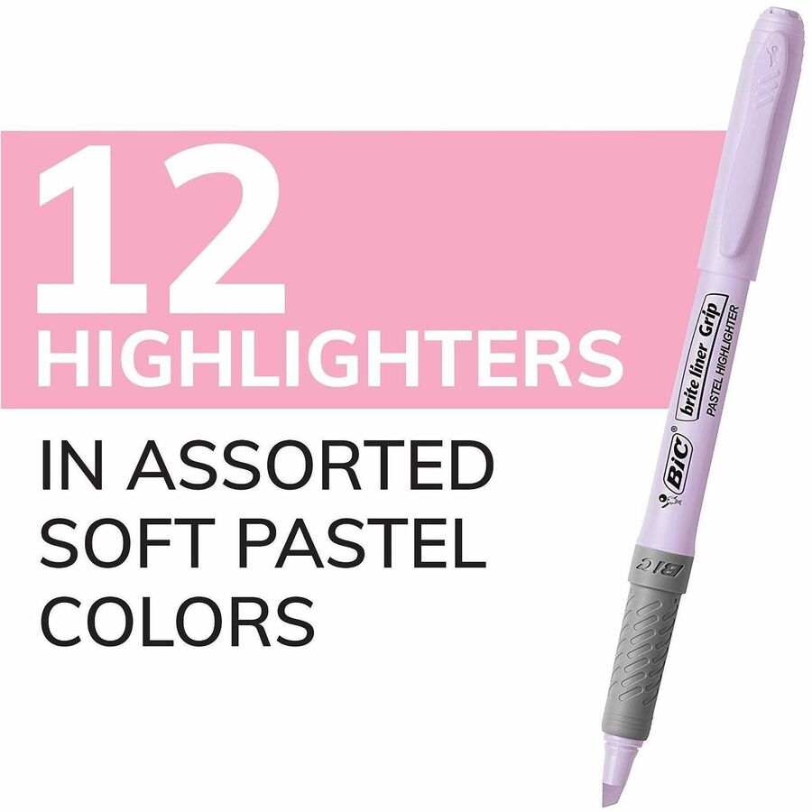 BIC Brite Liner Grip Highlighters, Assorted, 12 Pack - 1.6 mm Marker Point Size - Chisel Marker Point Style - Assorted, Pastel Yellow, Pastel Pink, Pastel Blue, Pastel Green, Pastel Purple, Pastel Orange - 12 Pack