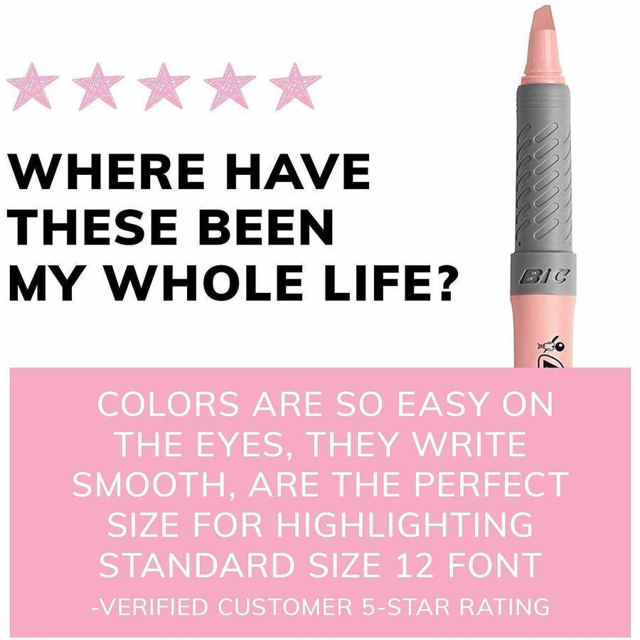BIC Brite Liner Grip Highlighters, Assorted, 12 Pack - 1.6 mm Marker Point Size - Chisel Marker Point Style - Assorted, Pastel Yellow, Pastel Pink, Pastel Blue, Pastel Green, Pastel Purple, Pastel Orange - 12 Pack