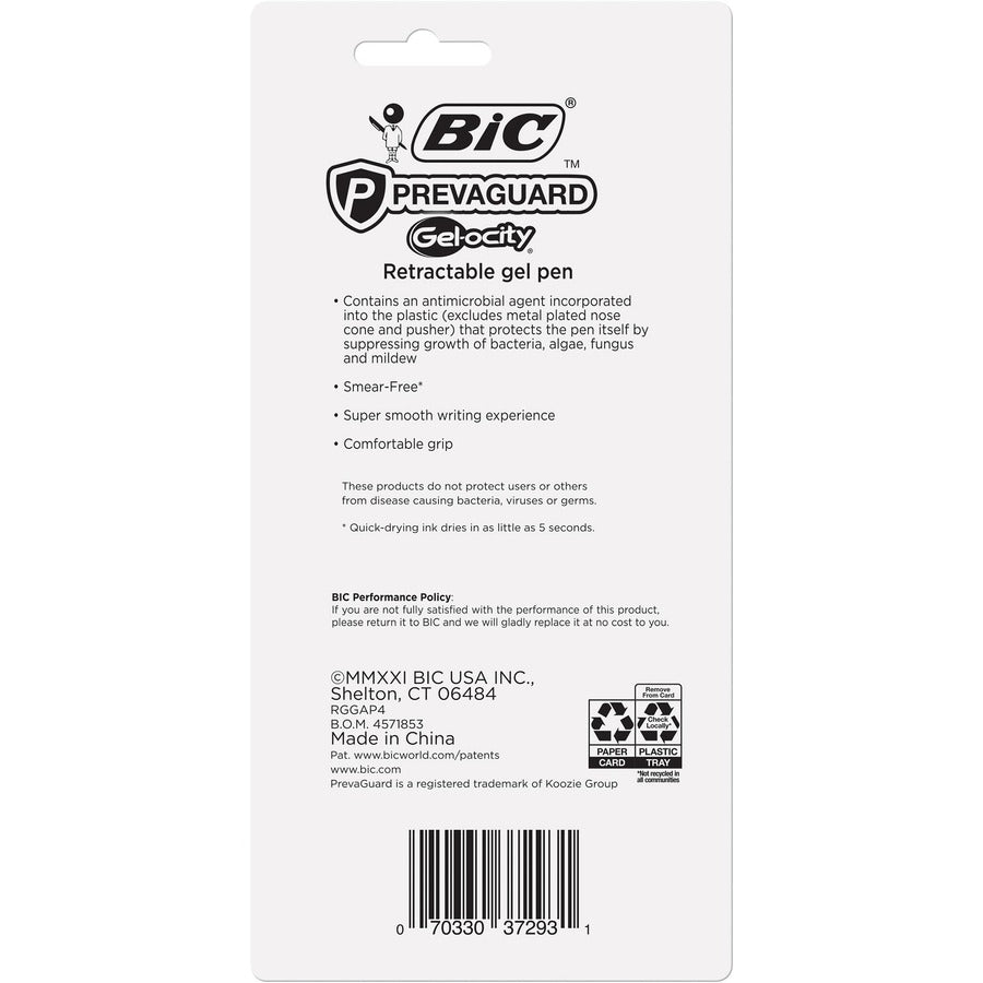 BIC PrevaGuard Gel-ocity Gel Pen - 0.7 mm Pen Point Size - Black Gel-based Ink - 4 / Pack