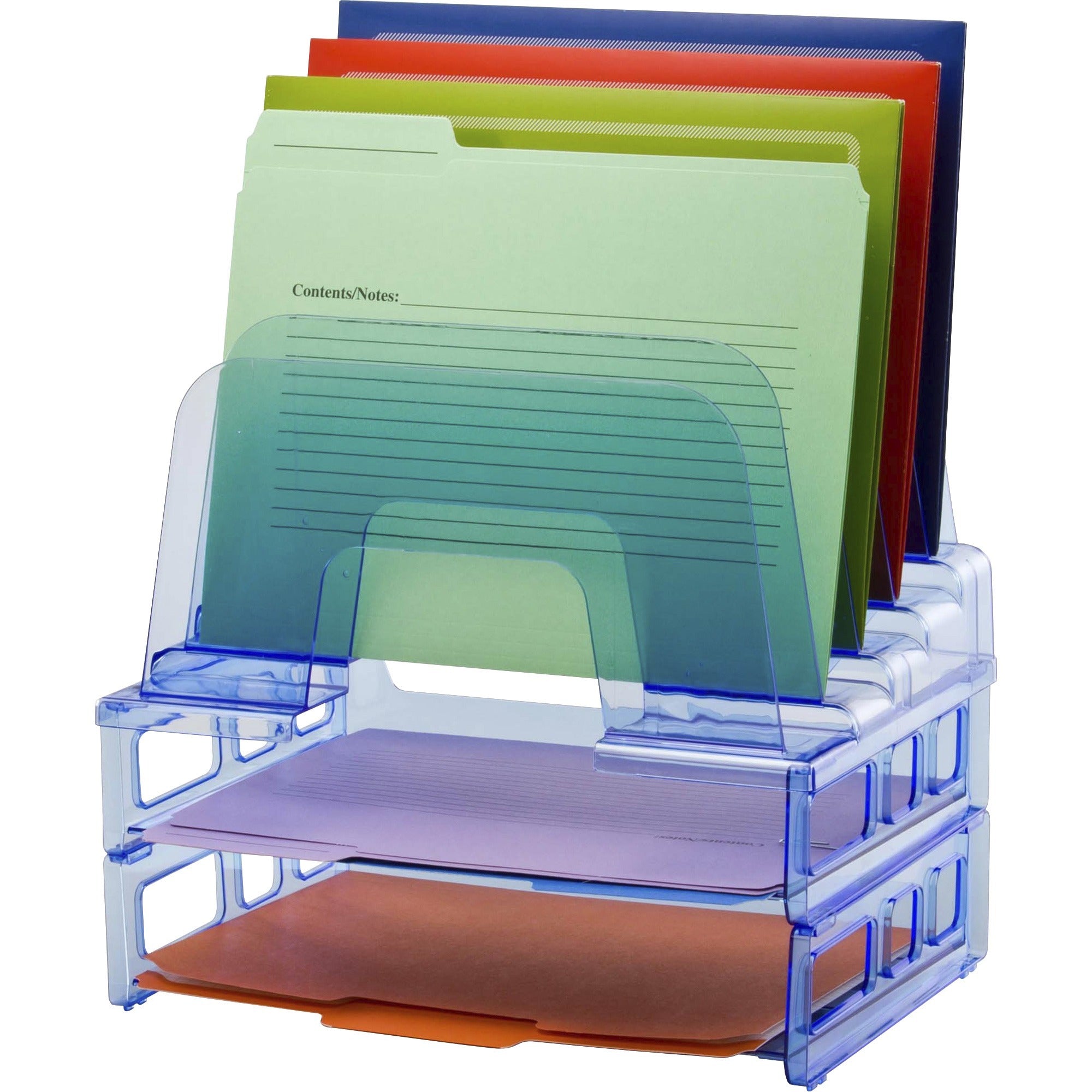 officemate-blue-glacier-large-incline-sorter-w-2-letter-trays-5-compartments-143-height-x-134-width-x-9-depth-compact-transparent-blue-1-each_oic23211 - 1