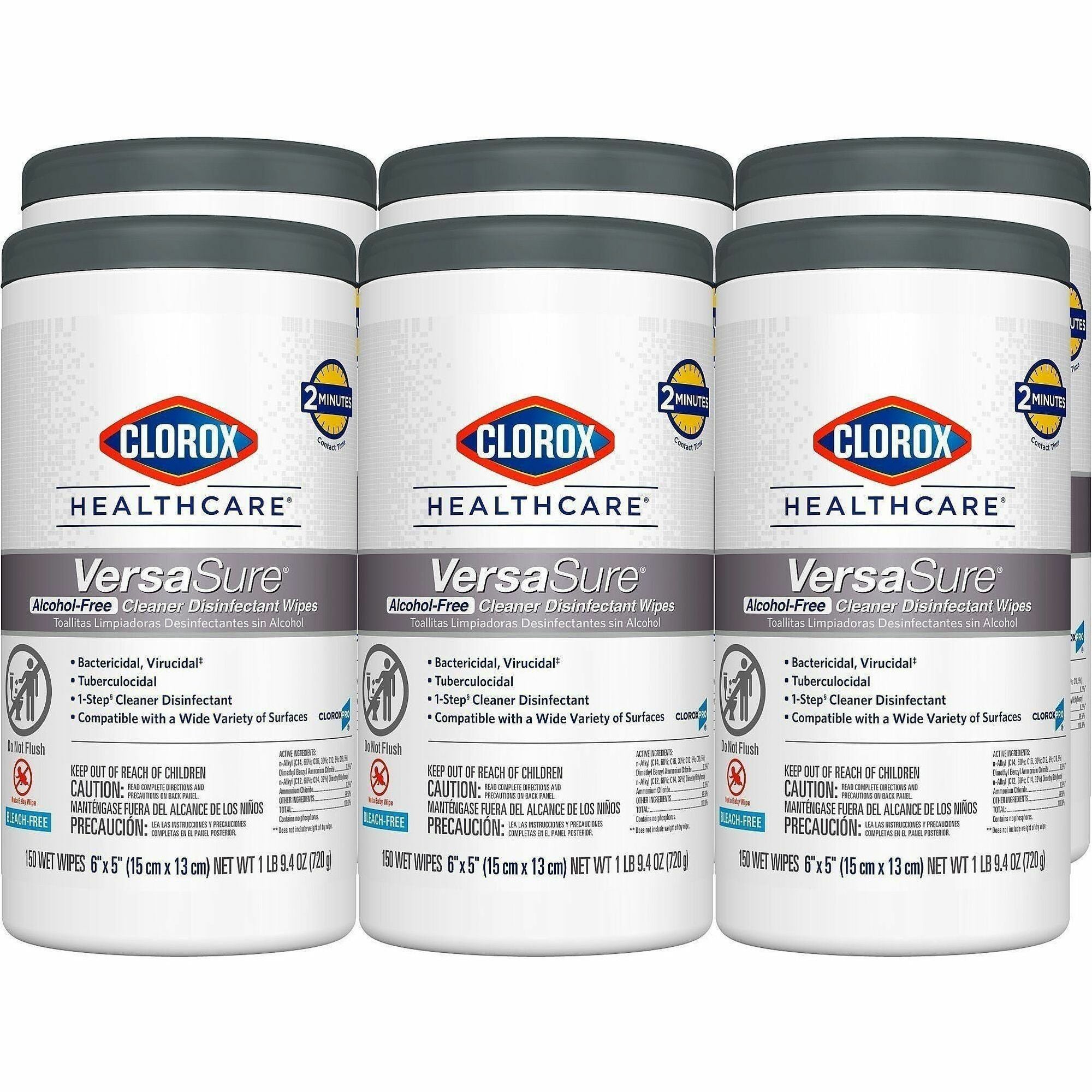 Clorox Healthcare VersaSure Disinfectant Wipes - Ready-To-Use - 8" Length x 6.75" Width - 150 / Carton - 6 / Carton - Strong, Durable, Alcohol-free, Fume-free, Fragrance-free, Pre-moistened - White