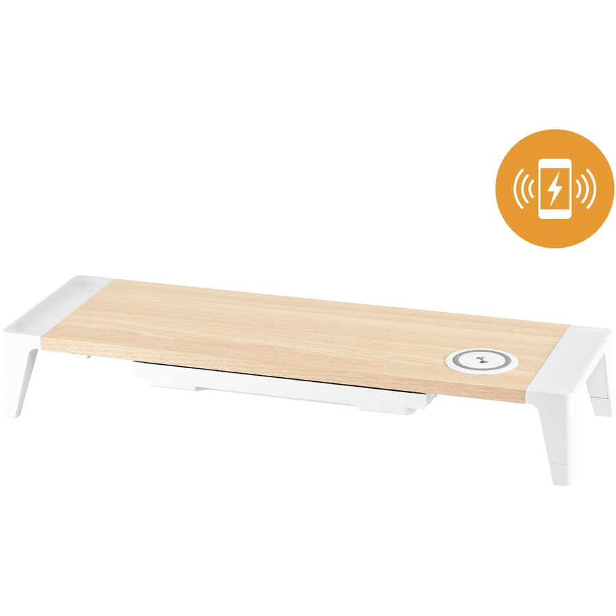 Wooden Monitor Stand with Wireless Charging Pad, 9.8" x 26.77" x 4.13", White