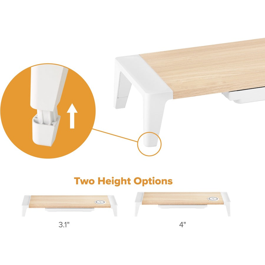 Wooden Monitor Stand with Wireless Charging Pad, 9.8" x 26.77" x 4.13", White