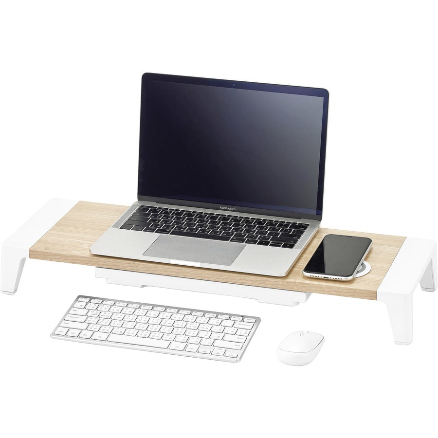 Wooden Monitor Stand with Wireless Charging Pad, 9.8" x 26.77" x 4.13", White